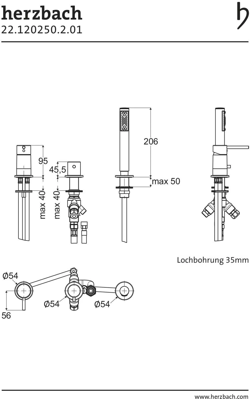 Herzbach Nano Wannen-Dreiloch-Armatur 22.120250.2.01 Fliesen-/Wannenrandmontage, Ohne Auslauf, Chrom 2 Herzbach Nano Wannen-Dreiloch-Armatur 22.120250.2.01 Fliesen-/Wannenrandmontage, Ohne Auslauf, Chrom – Bild 2