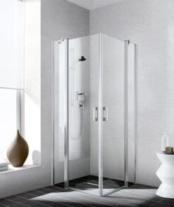 Kermi Liga Eckeinstieg-Hälfte Pendeltür Mit Festfeld LIEPL08318VPK 83x185cm, Silber Hochglanz, ESG Klar Clean, Links, Auf Duschplatz