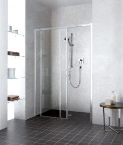 Kermi Liga Gleittür 2-tlg. Bodenfrei Mit Festfeld LID2R155201PK 151-156x200cm, Silber Mattglanz, ESG Klar Clean, Rechts, Auf Duschwanne