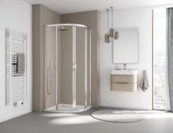 Kermi Liga Viertelkreis-Gleittür Bodenfrei Mit 2 Festfeldern LIC5010020VAK 101x200cm, Silber Hochglanz, ESG Klar