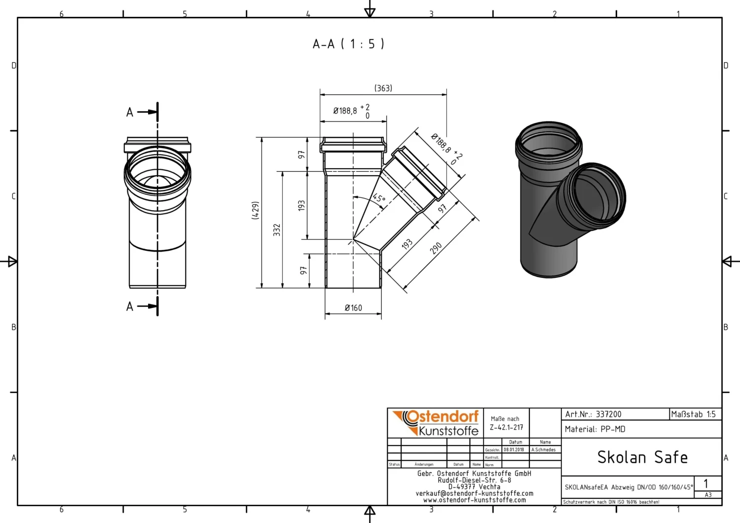 Ostendorf SKOLAN Safe SKOLANsafe-Abzweig 337200 DN/OD 160/160 X 45° 2 Ostendorf SKOLAN Safe SKOLANsafe-Abzweig 337200 DN/OD 160/160 X 45° – Bild 2