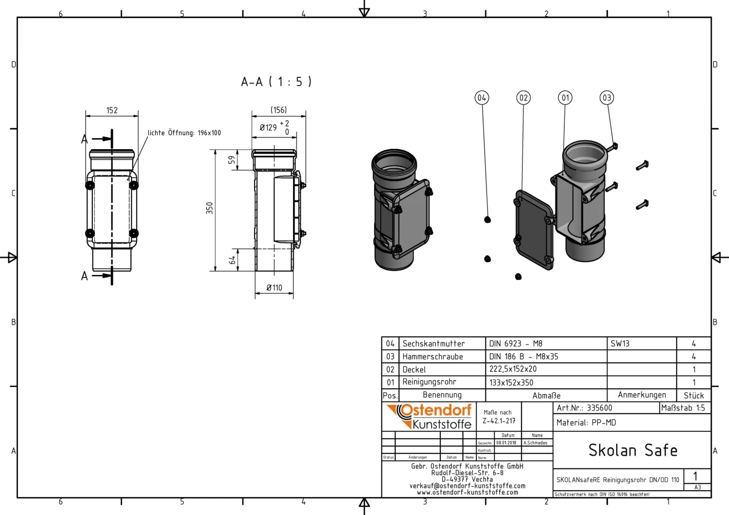 Ostendorf SKOLAN Safe SKOLANsafe-Reinigungsrohr 335600 DN/OD 110, Eckig, Mit Verschluss 2 Ostendorf SKOLAN Safe SKOLANsafe-Reinigungsrohr 335600 DN/OD 110, Eckig, Mit Verschluss – Bild 2