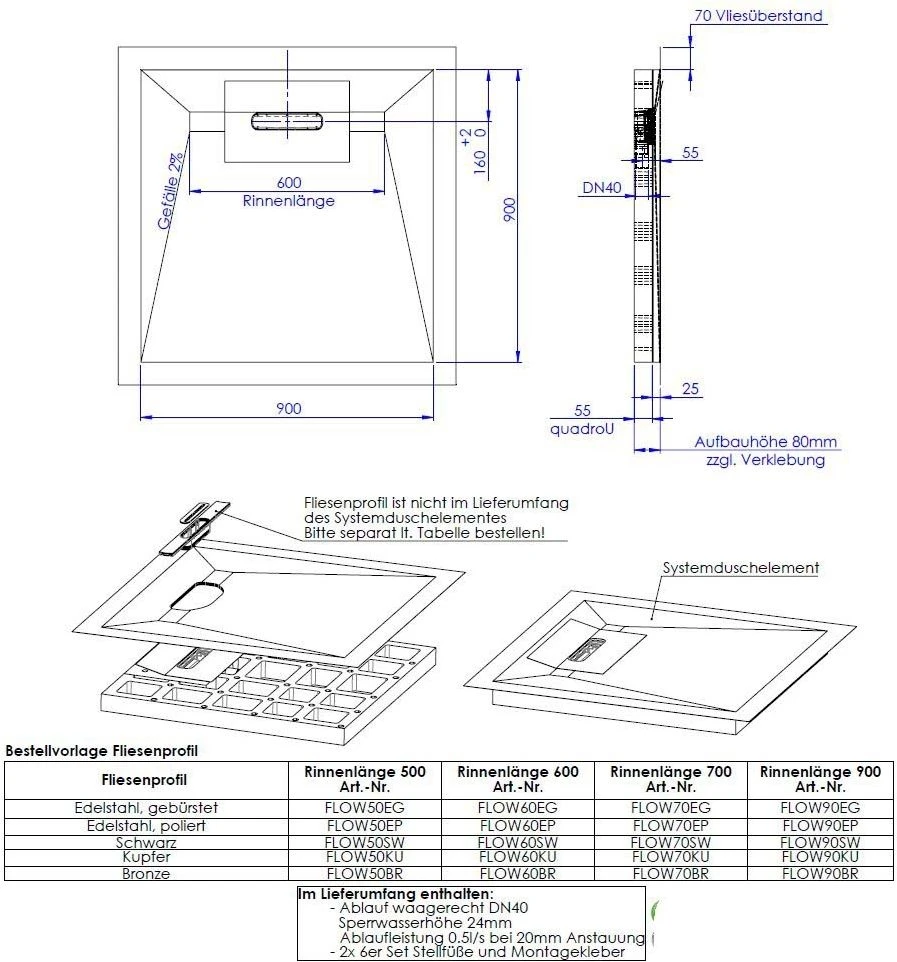 Schedel Line Flow Duschelement LI1KF609090 90 X 90 Cm, Vierseitiges Gefälle 2 Schedel Line Flow Duschelement LI1KF609090 90 X 90 Cm, Vierseitiges Gefälle – Bild 2