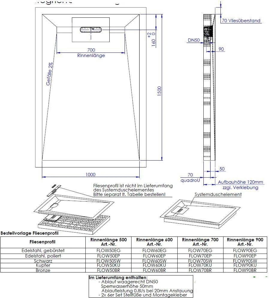 Schedel Line Flow Duschelement LI1KF901015 100 X 150 Cm, Vierseitiges Gefälle 2 Schedel Line Flow Duschelement LI1KF901015 100 X 150 Cm, Vierseitiges Gefälle – Bild 2