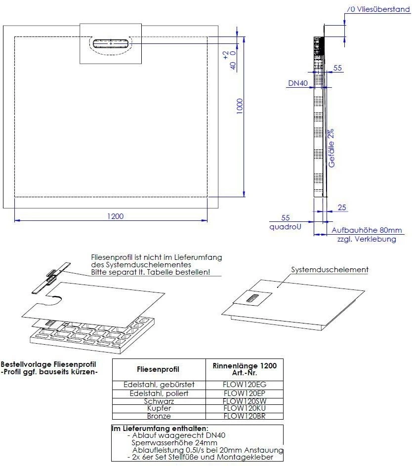 Schedel Line Flow Duschelement LI2KF601210 120 X 100cm, Einseitiges Gefälle 2 Schedel Line Flow Duschelement LI2KF601210 120 X 100cm, Einseitiges Gefälle – Bild 2