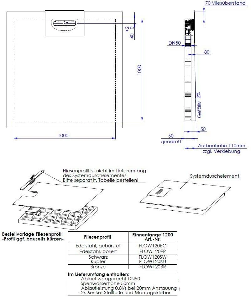 Schedel Line Flow Duschelement LI2KF901010 100 X 100 Cm, Einseitiges Gefälle 2 Schedel Line Flow Duschelement LI2KF901010 100 X 100 Cm, Einseitiges Gefälle – Bild 2