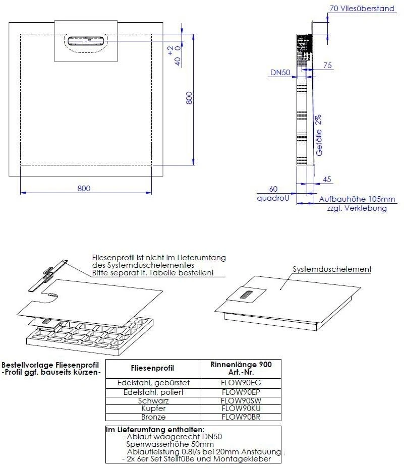 Schedel Line Flow Duschelement LI2KF908080 80 X 80 Cm, Einseitiges Gefälle 2 Schedel Line Flow Duschelement LI2KF908080 80 X 80 Cm, Einseitiges Gefälle – Bild 2