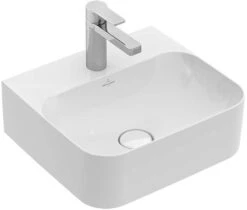 Villeroy Und Boch Finion Handwaschbecken 43644CRW 43x39cm, Stone White C+, 1 Hahnloch, Verdeckter Überlauf, Unterseite Geschliffen