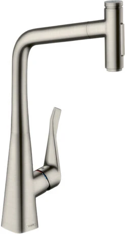 Hansgrohe Metris Select 2-Loch-Küchenarmatur 73820800 Edelstahl-optik, Schwenkbarer Ausziehauslauf, 2jet, SBox